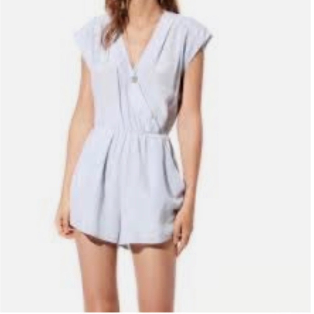 Babaton Aritzia light blue silk wrap style romper with pockets size xs
